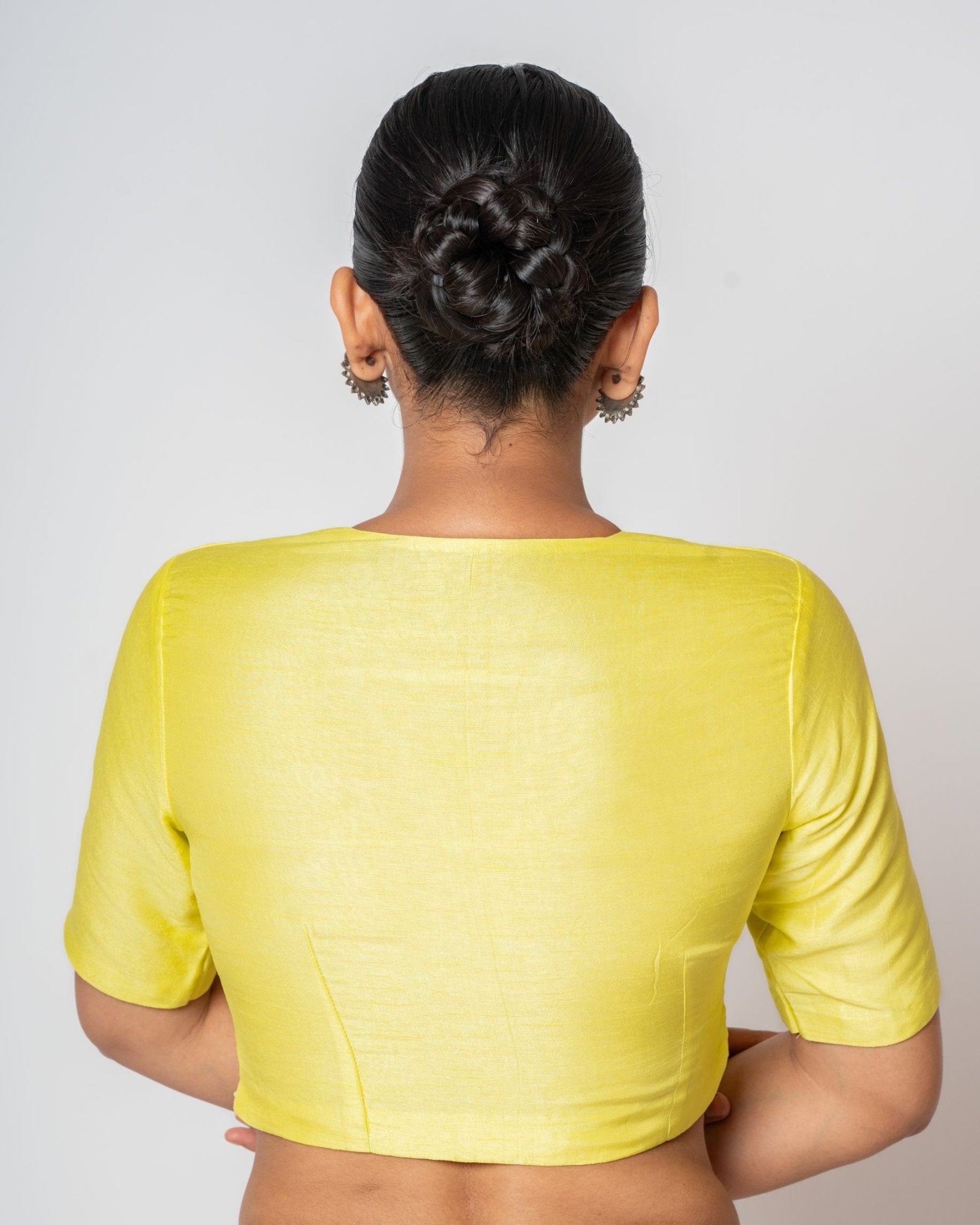 Butter Yellow Plunging V Neckline Elbow Sleeves Blouse with Side Closure - Anvi Couture