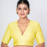 Butter Yellow Plunging V Neckline Elbow Sleeves Blouse with Side Closure - Anvi Couture