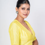 Butter Yellow Plunging V Neckline Elbow Sleeves Blouse with Side Closure - Anvi Couture
