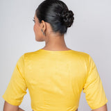 Butter Yellow Scoop Neckline Raw Silk Blouse With Elbow Sleeves - Anvi Couture