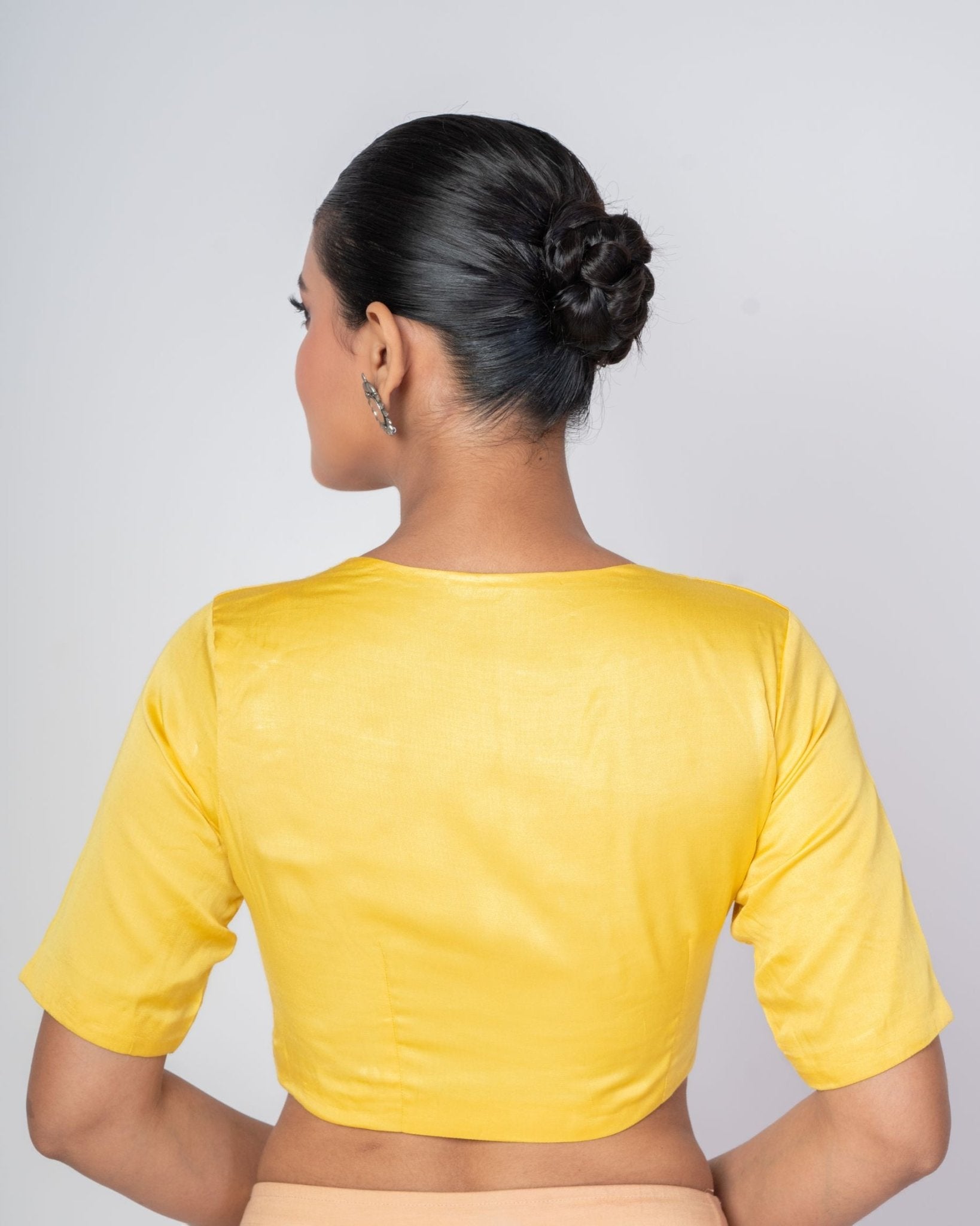 Butter Yellow Scoop Neckline Raw Silk Blouse With Elbow Sleeves - Anvi Couture