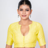Butter Yellow Scoop Neckline Raw Silk Blouse With Elbow Sleeves - Anvi Couture