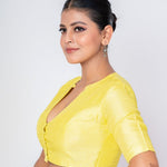 Butter Yellow Scoop Neckline Raw Silk Blouse With Elbow Sleeves - Anvi Couture