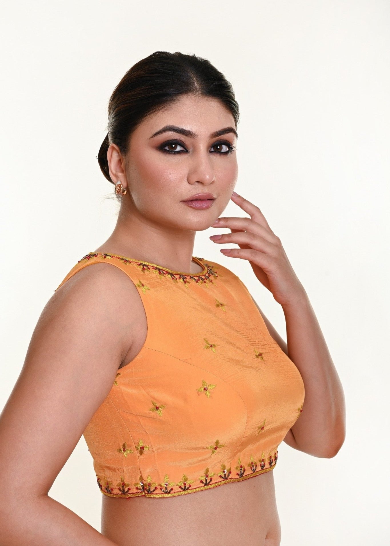 Butter Yellow Sleeveless Blouse in Crepe Silk with Hand Embroidery work - Side View - Anvi Couture