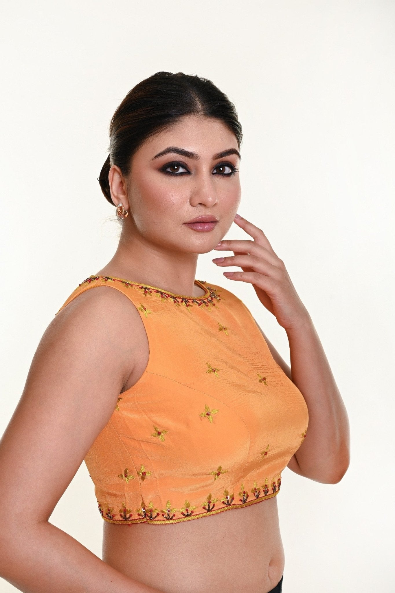 Butter Yellow Sleeveless Blouse in Crepe Silk with Hand Embroidery work - Side View - Anvi Couture