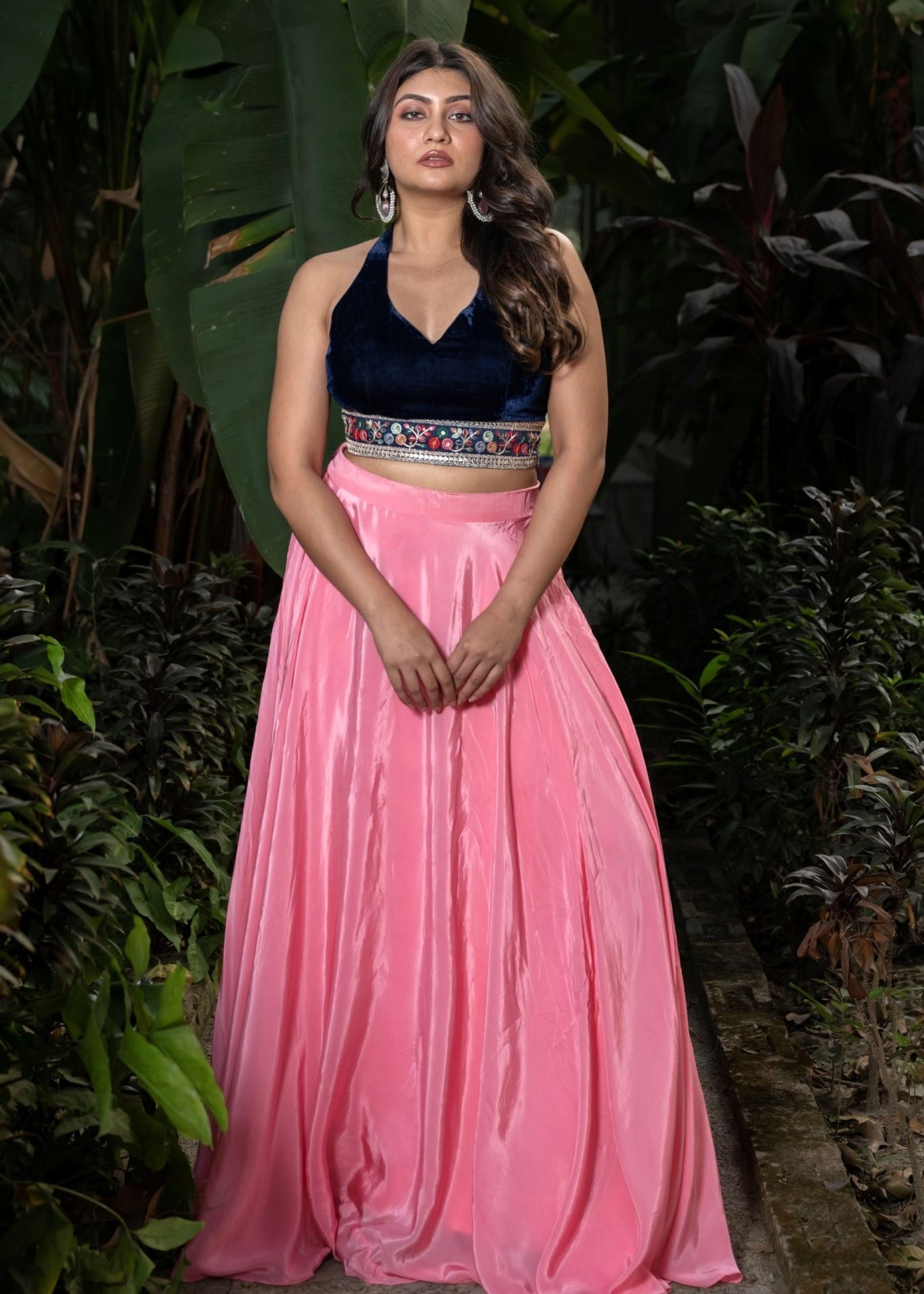 Pink Lehenga Set With Blue Velvet Embroidered Top - Anvi Couture