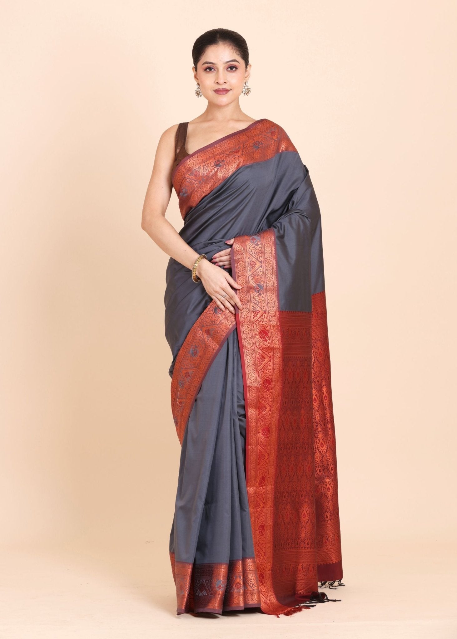 Buy Grey & Copper Gold Kanjivaram Silk Saree - Anvi Couture