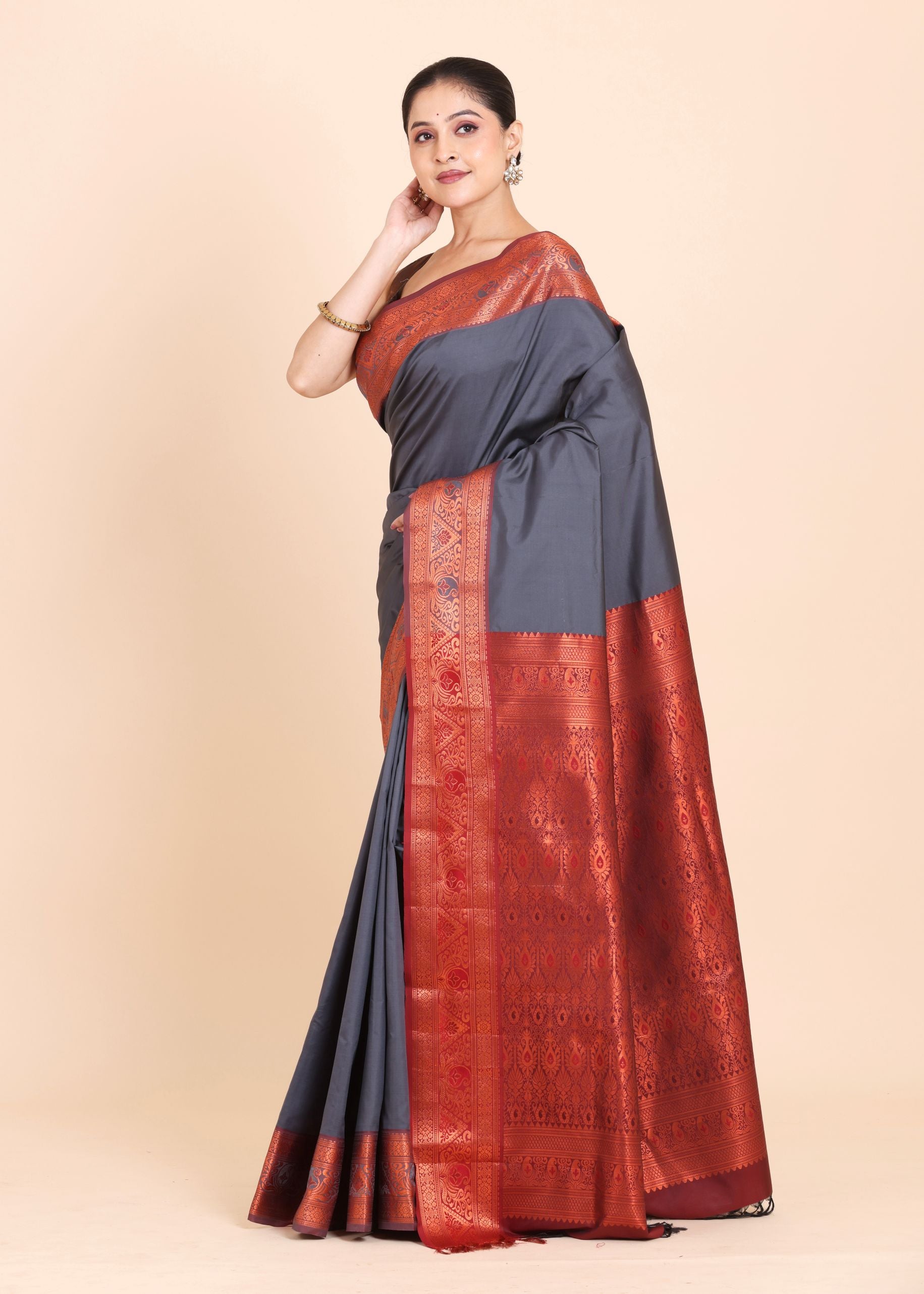 Buy Grey & Copper Gold Kanjivaram Silk Saree side