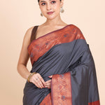 Buy Grey & Copper Gold Kanjivaram Silk Saree Close up