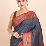 Buy Grey & Copper Gold Kanjivaram Silk Saree Close up