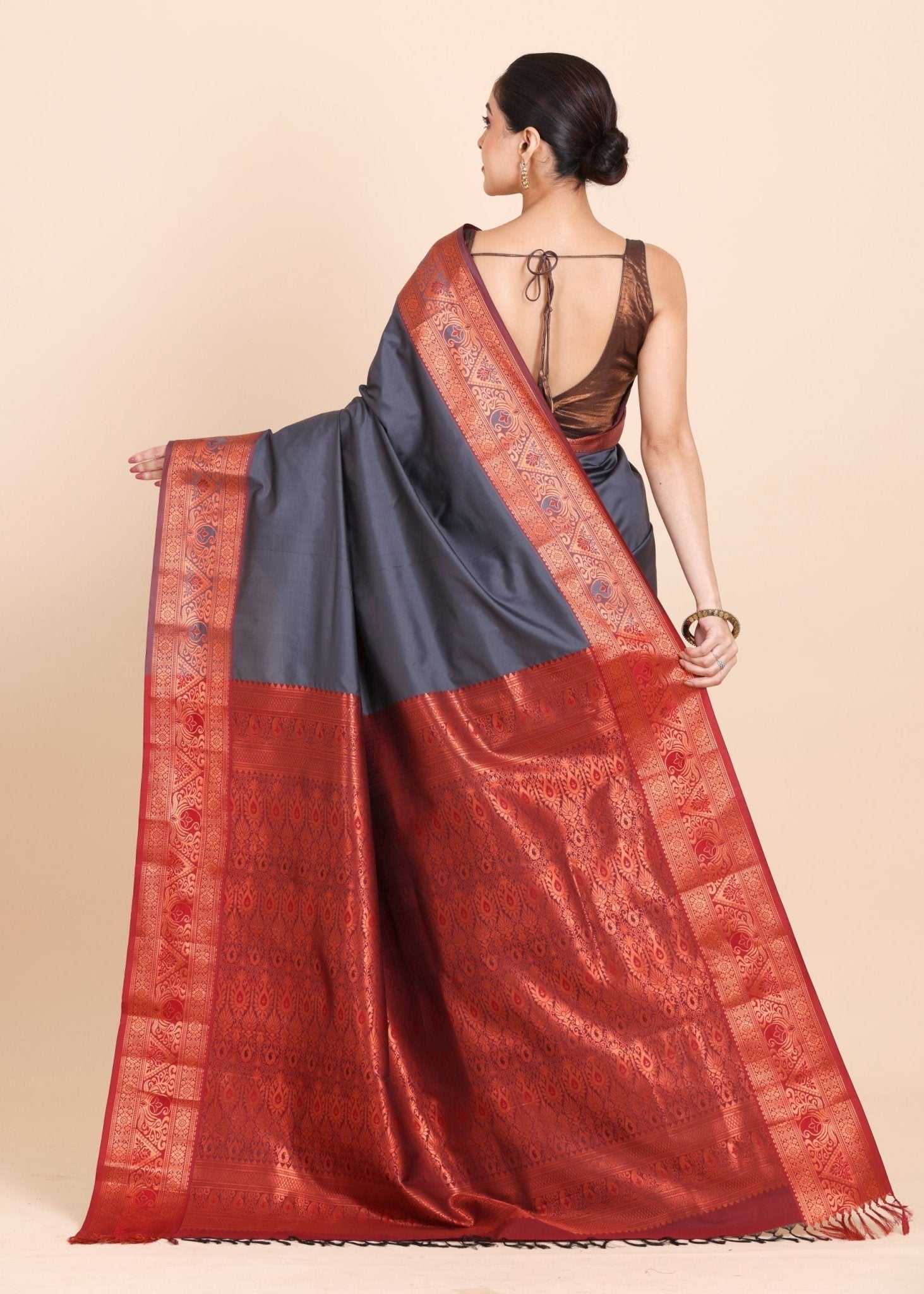 Buy Grey & Copper Gold Kanjivaram Silk Saree - Anvi Couture
