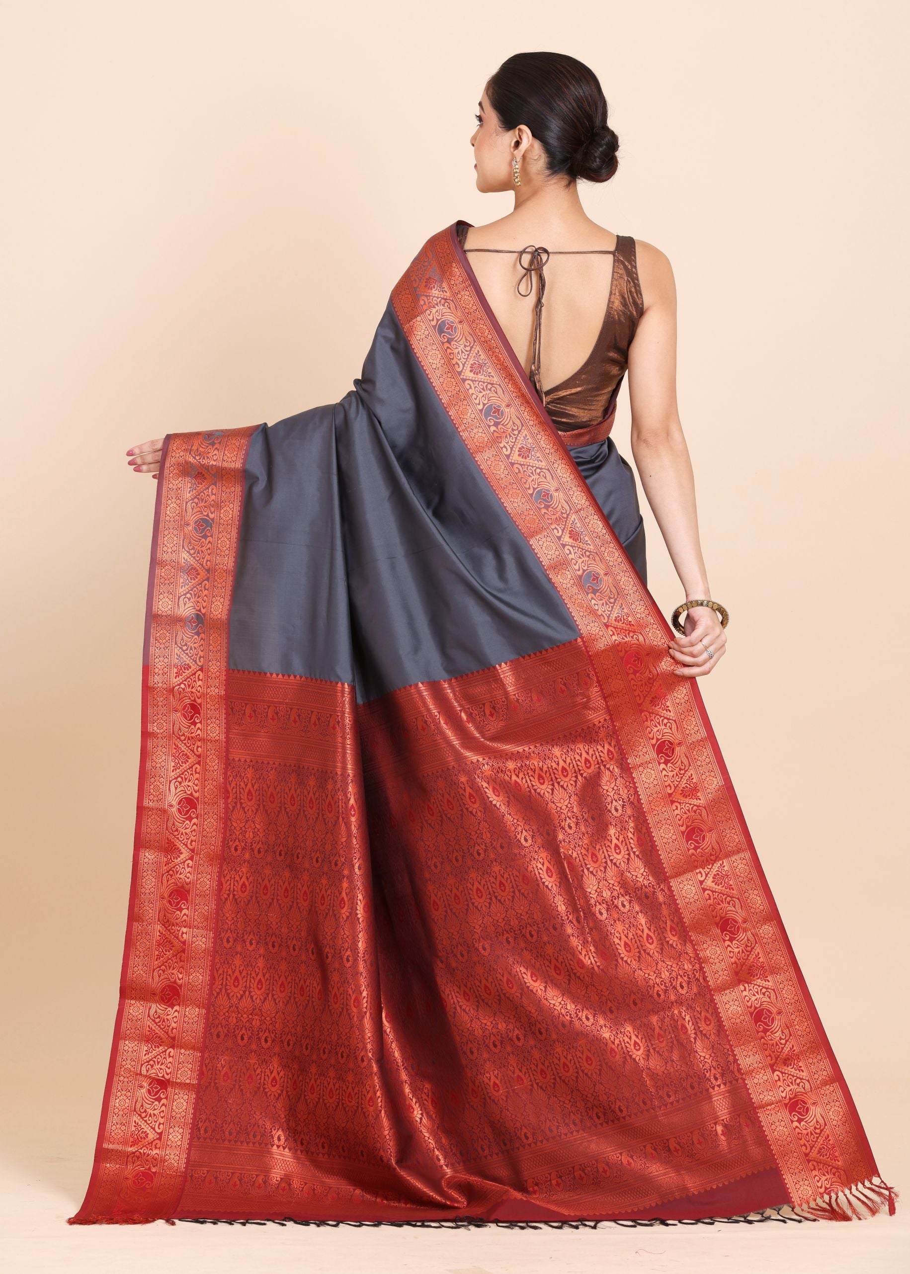 Buy Grey & Copper Gold Kanjivaram Silk Saree Back