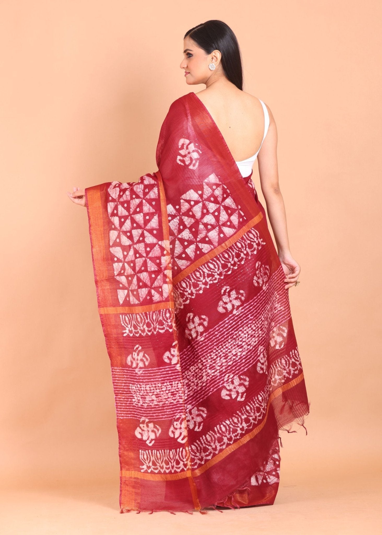 Maroon Handloom Printed Cotton Silk Batik Saree - Anvi Couture