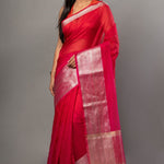 Red Kota Saree With Silver Woven Border - Anvi Couture