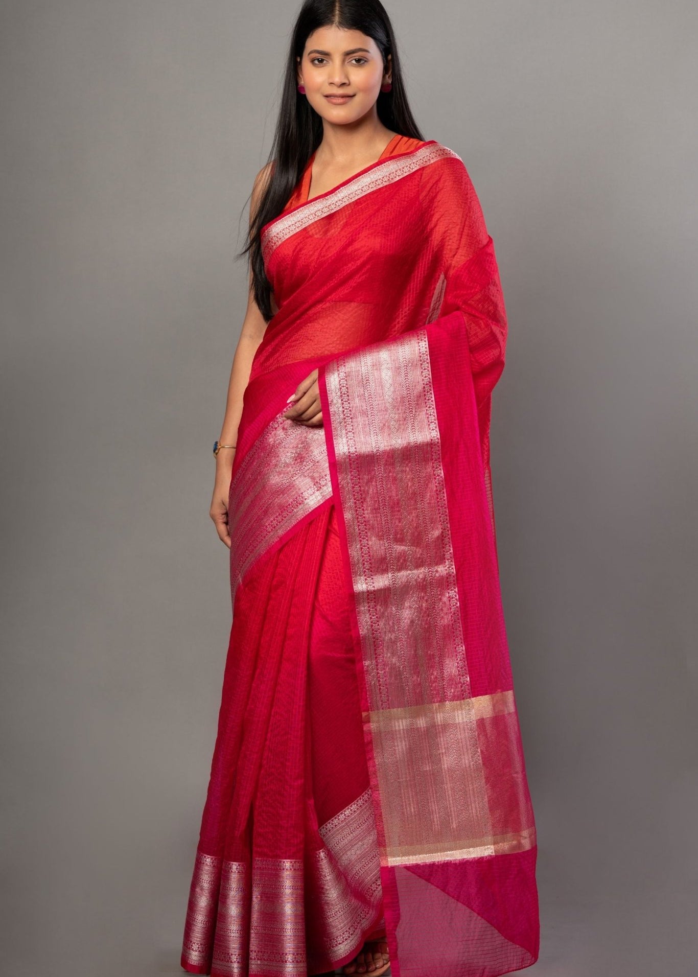 Red Kota Saree With Silver Woven Border - Anvi Couture