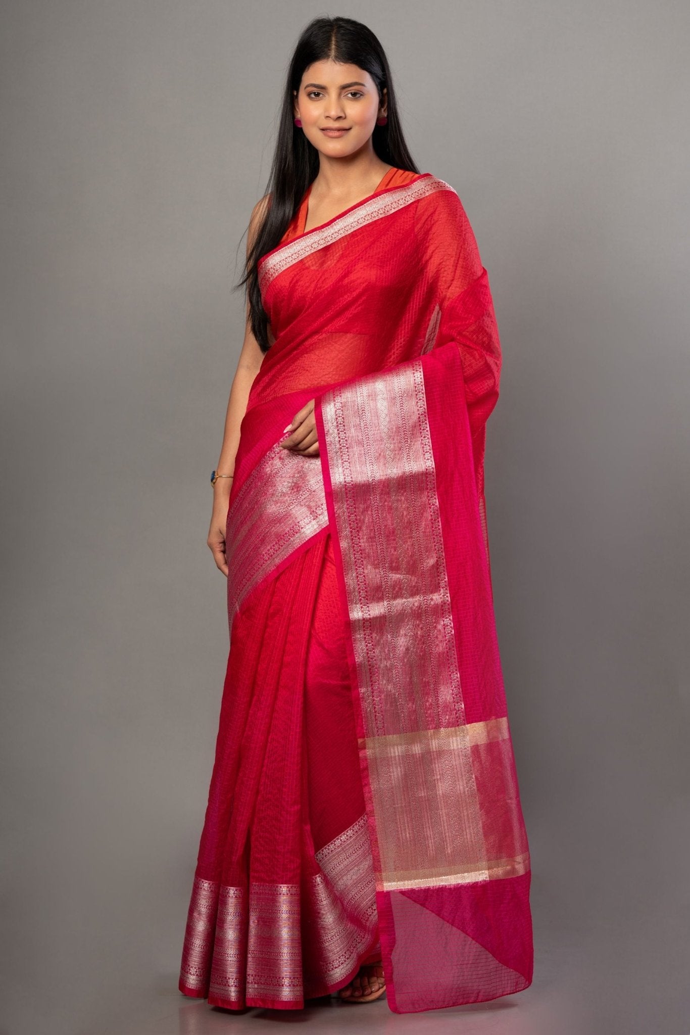 Red Kota Saree With Silver Woven Border - Anvi Couture