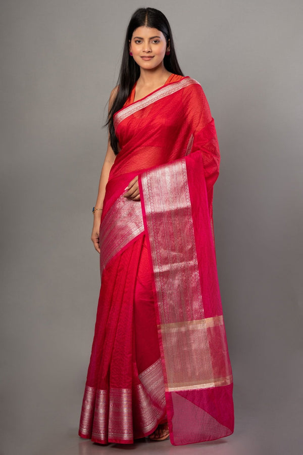 Red Kota Saree With Silver Woven Border - Anvi Couture
