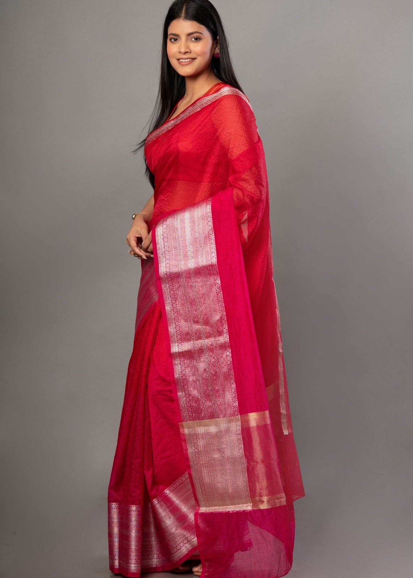 Red Kota Saree With Silver Woven Border - Anvi Couture