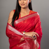 Red Kota Saree With Silver Woven Border - Anvi Couture
