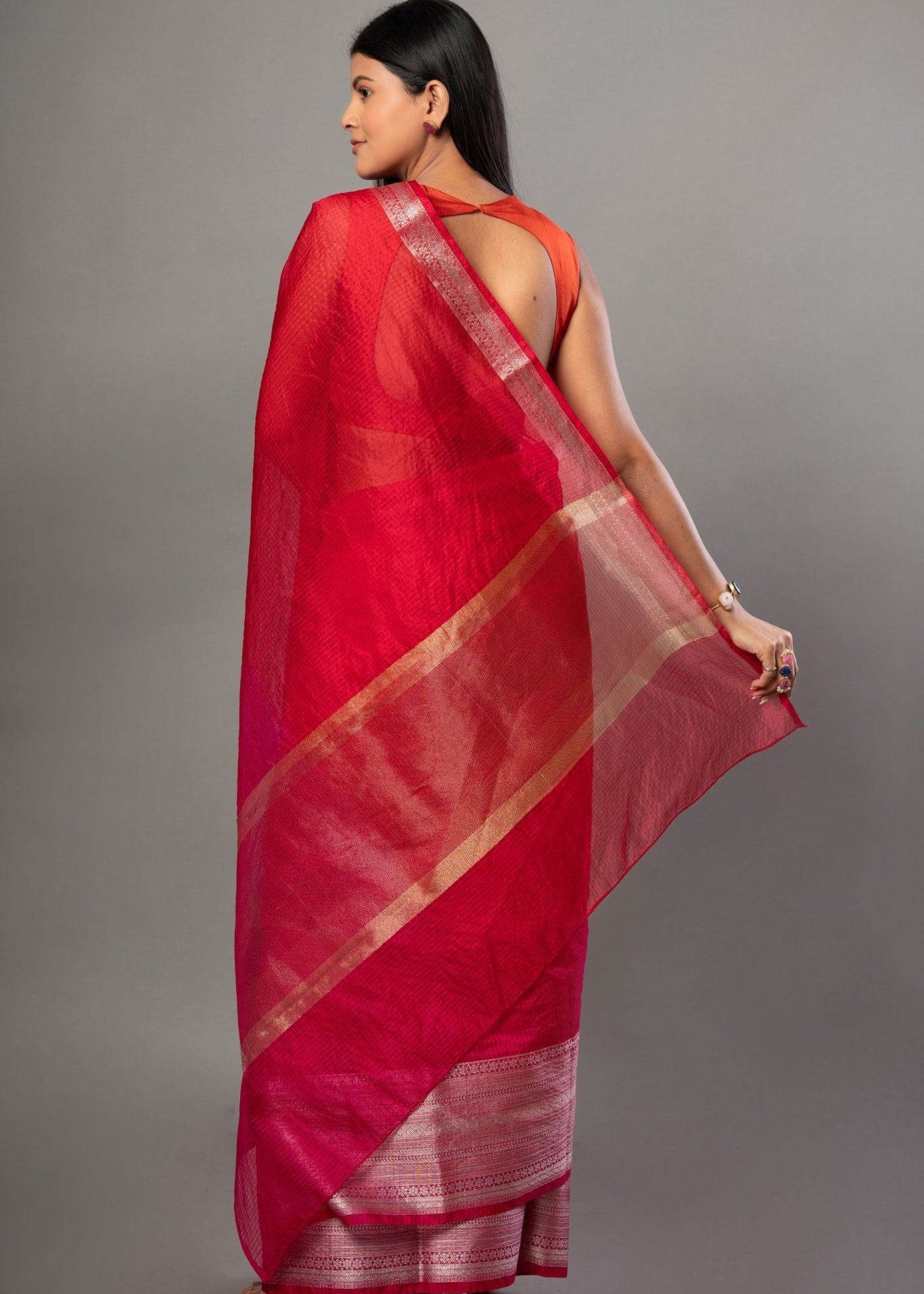 Red Kota Saree With Silver Woven Border - Anvi Couture