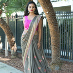 Grey Chiffon Saree with Intricate Embroidery Work - Anvi Couture