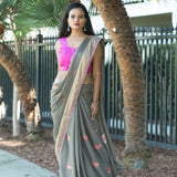 Grey Chiffon Saree with Intricate Embroidery Work - Anvi Couture