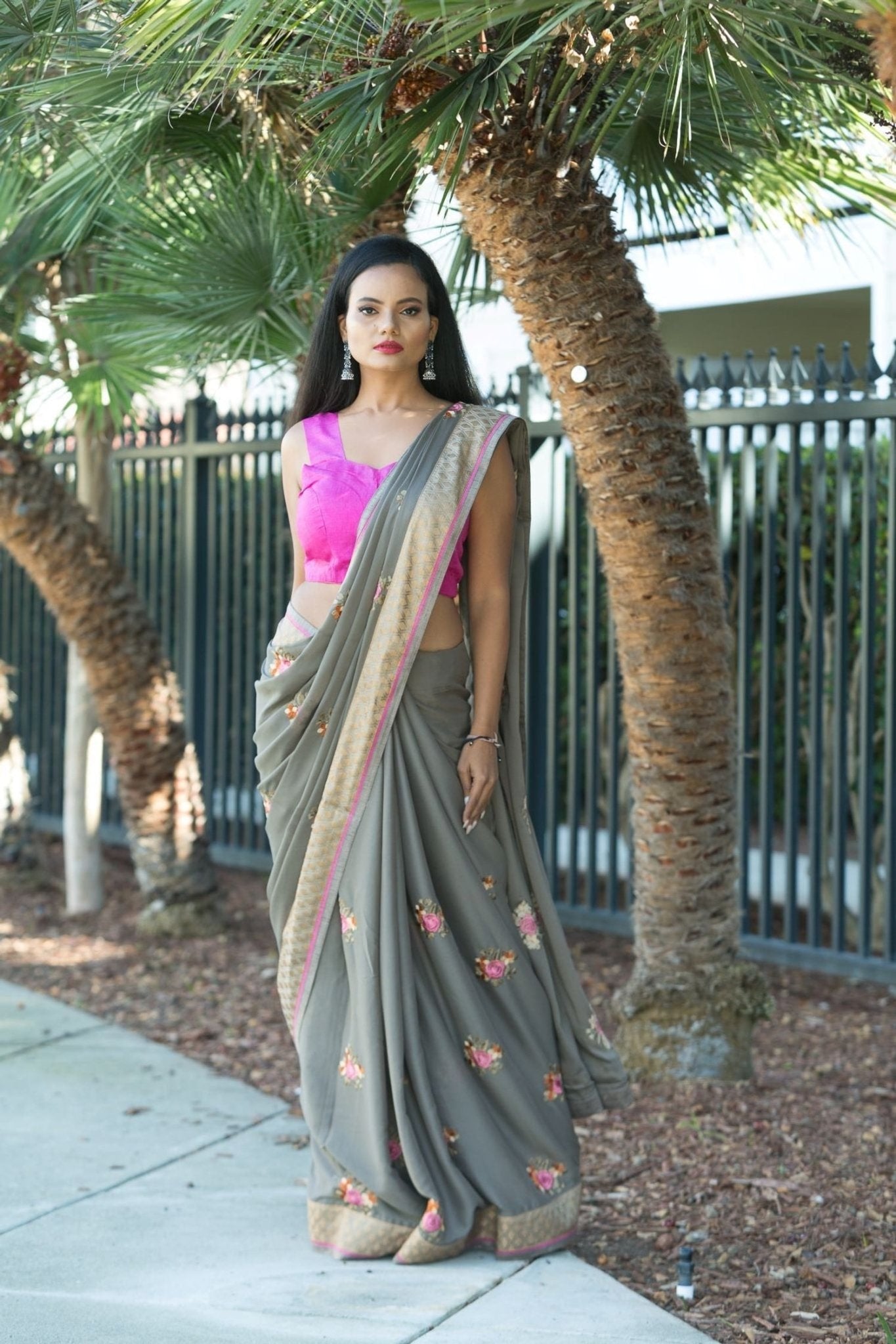 Grey Chiffon Saree with Intricate Embroidery Work - Anvi Couture