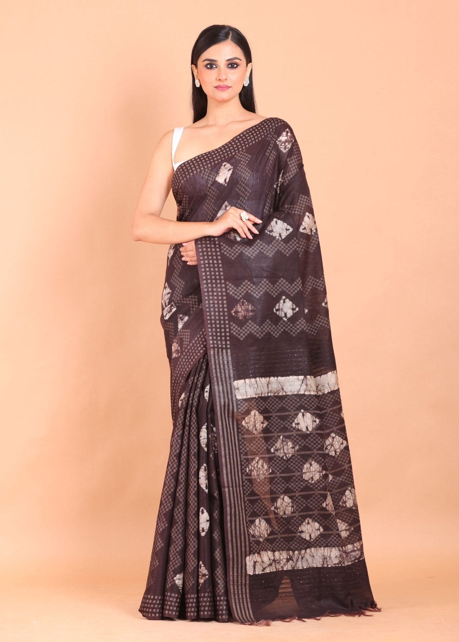Chocolate Brown Cotton Silk Batik Printed Handloom Saree - Anvi Couture