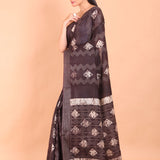 Chocolate Brown Cotton Silk Batik Printed Handloom Saree Front