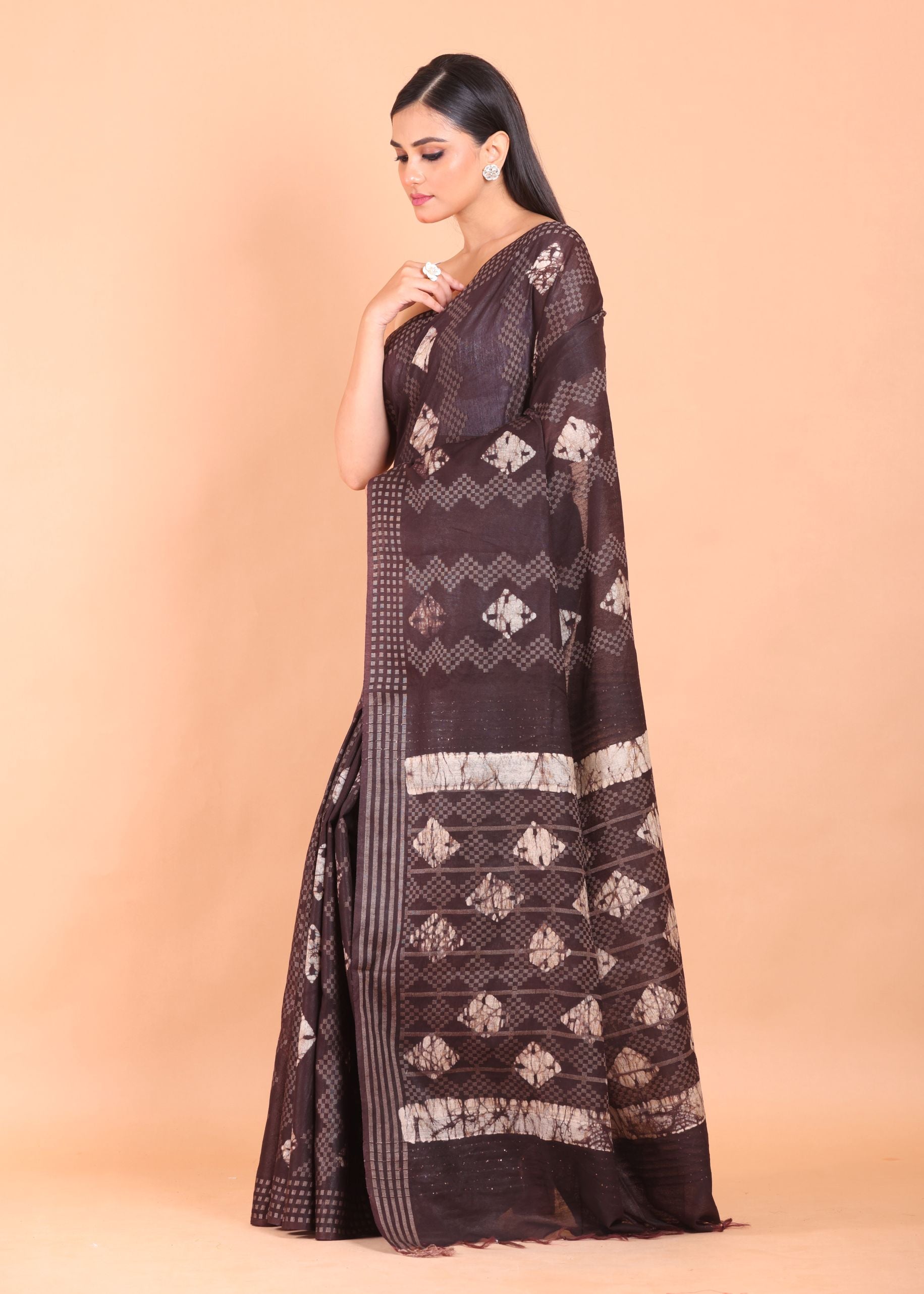 Chocolate Brown Cotton Silk Batik Printed Handloom Saree Front