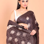 Chocolate Brown Cotton Silk Batik Printed Handloom Saree close up