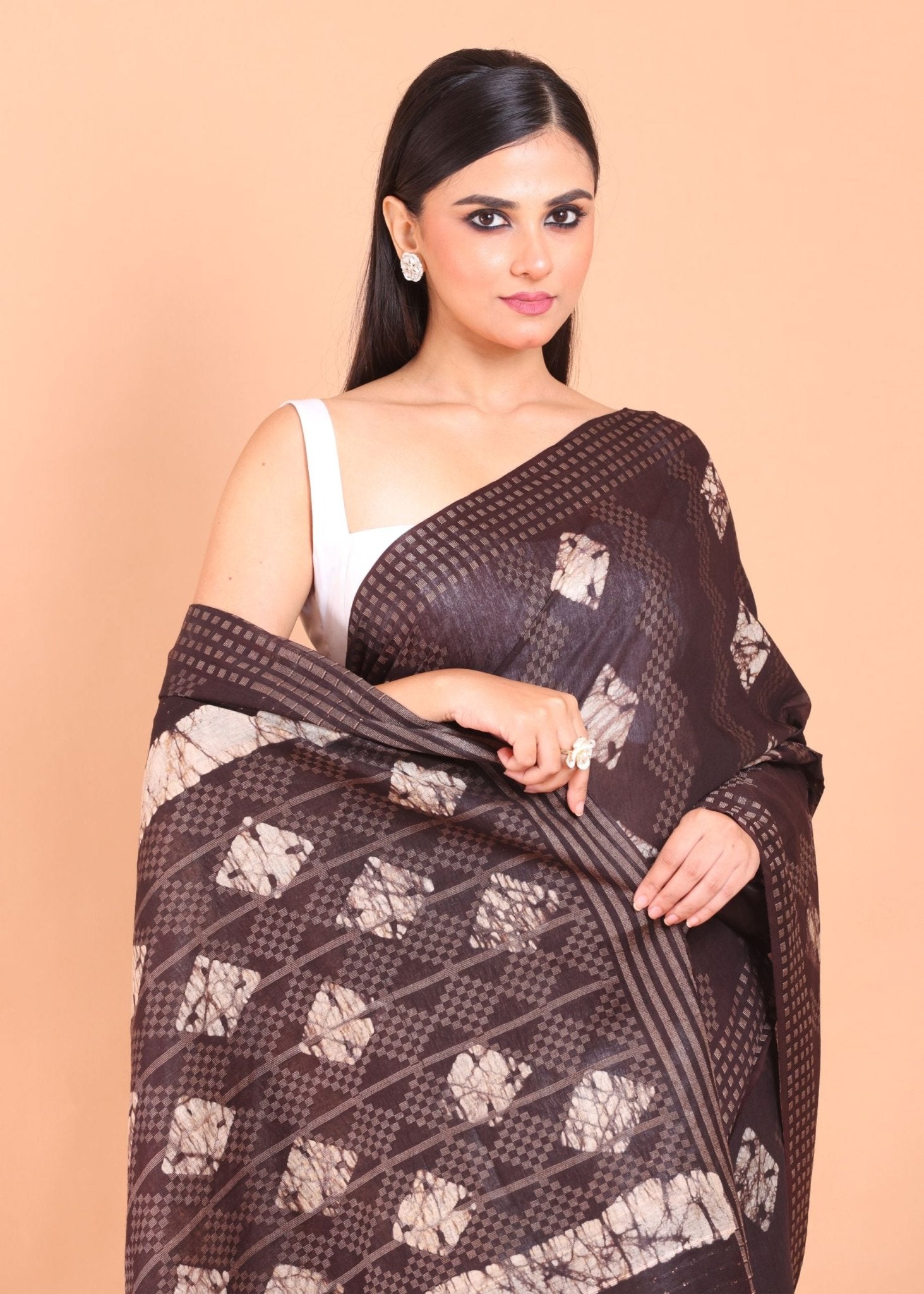 Chocolate Brown Cotton Silk Batik Printed Handloom Saree - Anvi Couture