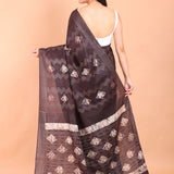 Chocolate Brown Cotton Silk Batik Printed Handloom Saree back