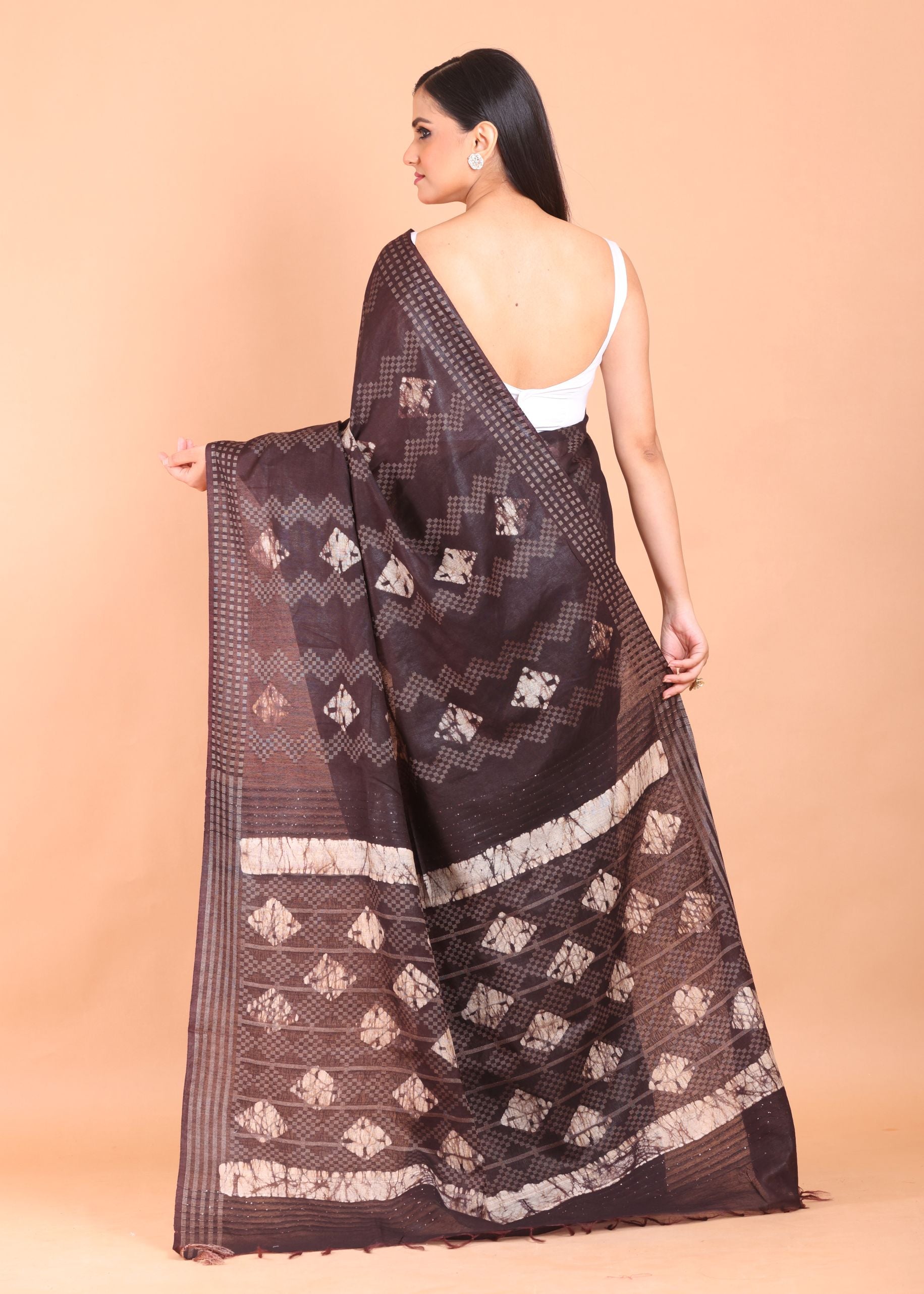 Chocolate Brown Cotton Silk Batik Printed Handloom Saree back