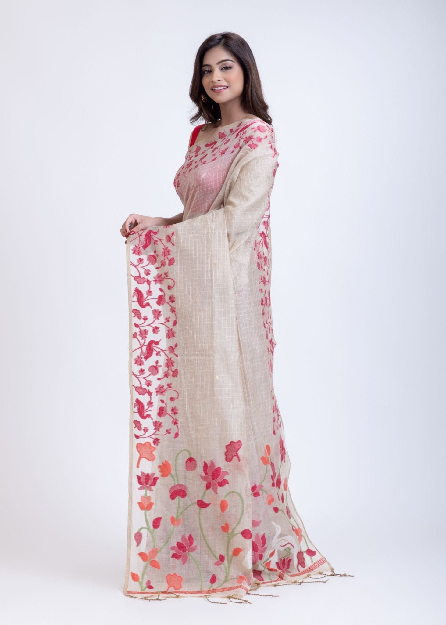 Classic White Jamdani Saree with Intricate Floral Weave - Anvi Couture