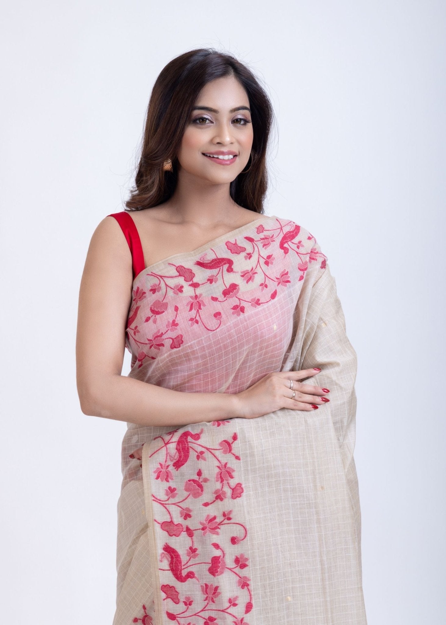 Classic White Jamdani Saree with Intricate Floral Weave - Anvi Couture