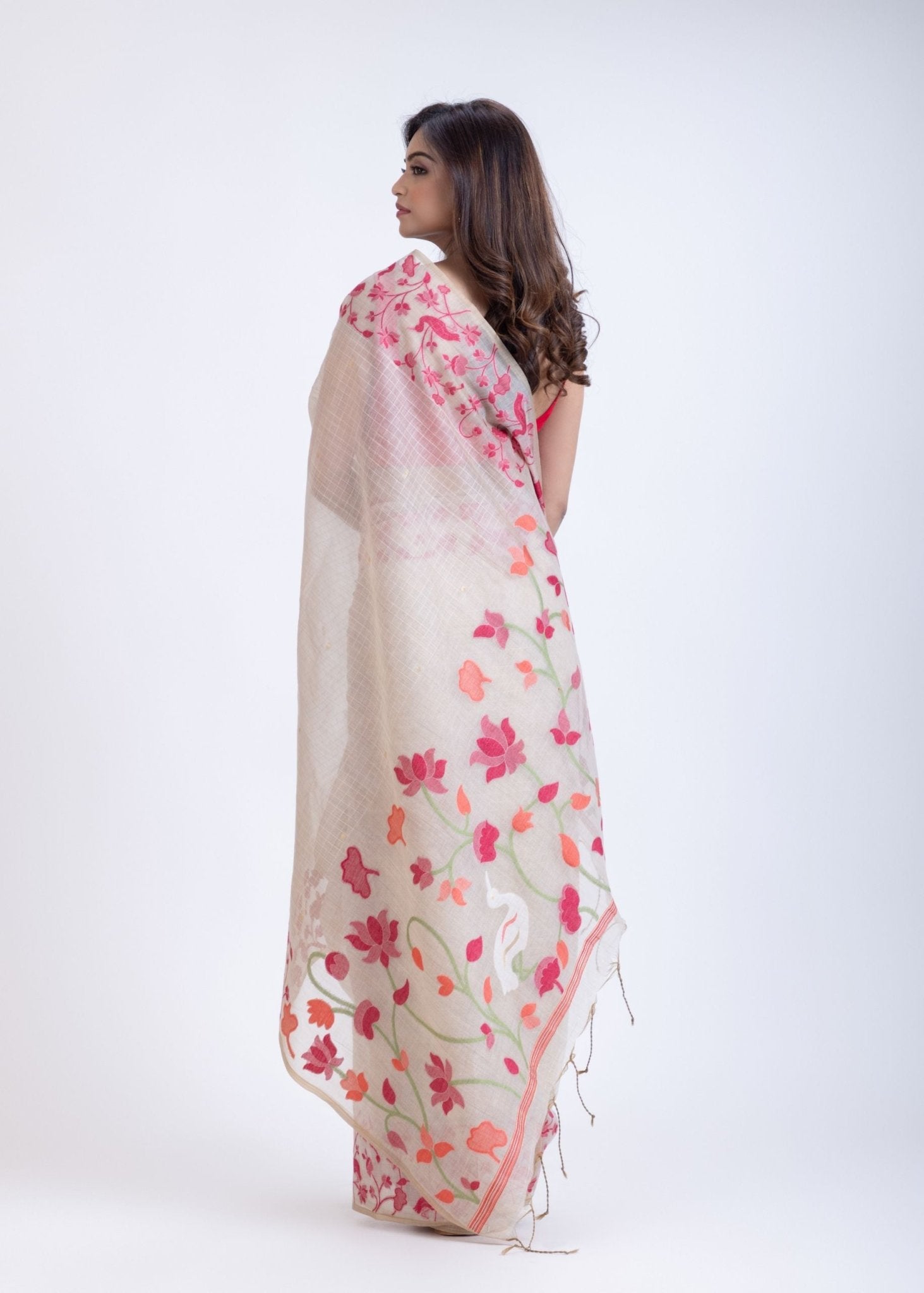 Classic White Jamdani Saree with Intricate Floral Weave - Anvi Couture