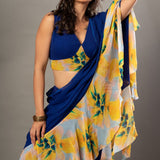 Close-up of ruffle detailing on blue and yellow designer saree set, Anvi Couture - Front 3