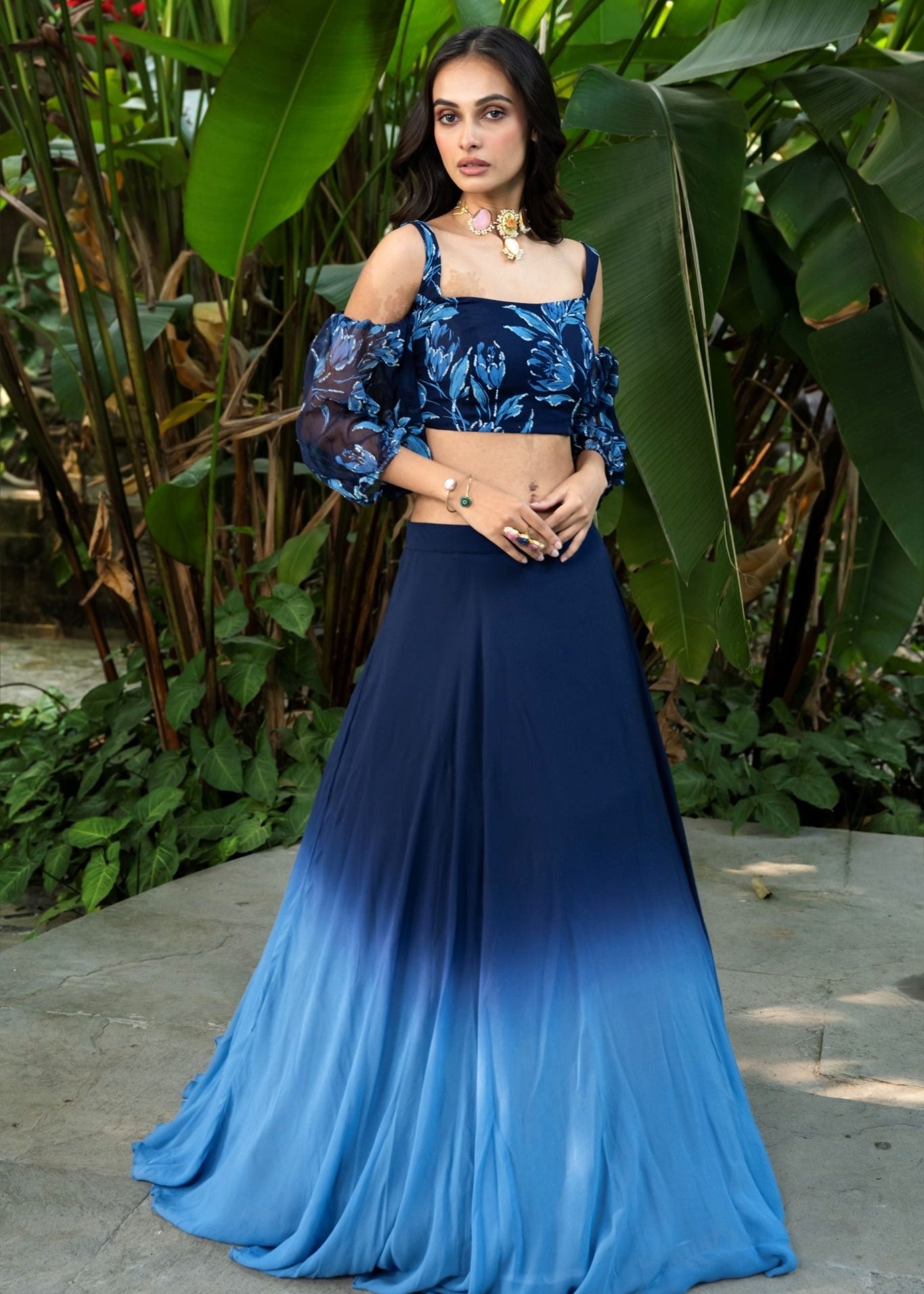 Coastal Blue Shaded Ombre Lehenga with Designer Crop Top | Modern Indo - Western Bridal & Sangeet Wear - Anvi Couture