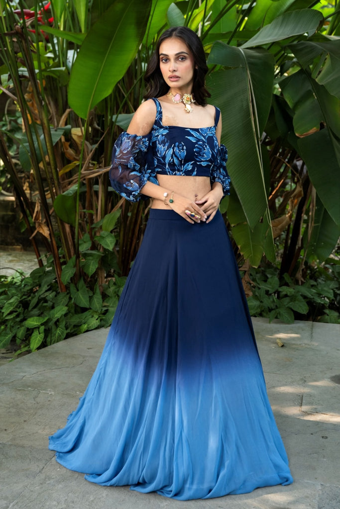 Coastal Blue Shaded Ombre Lehenga with Designer Crop Top