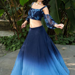 Coastal blue ombre lehenga — side view highlighting the blue-to-white shaded gradient on flared skirt