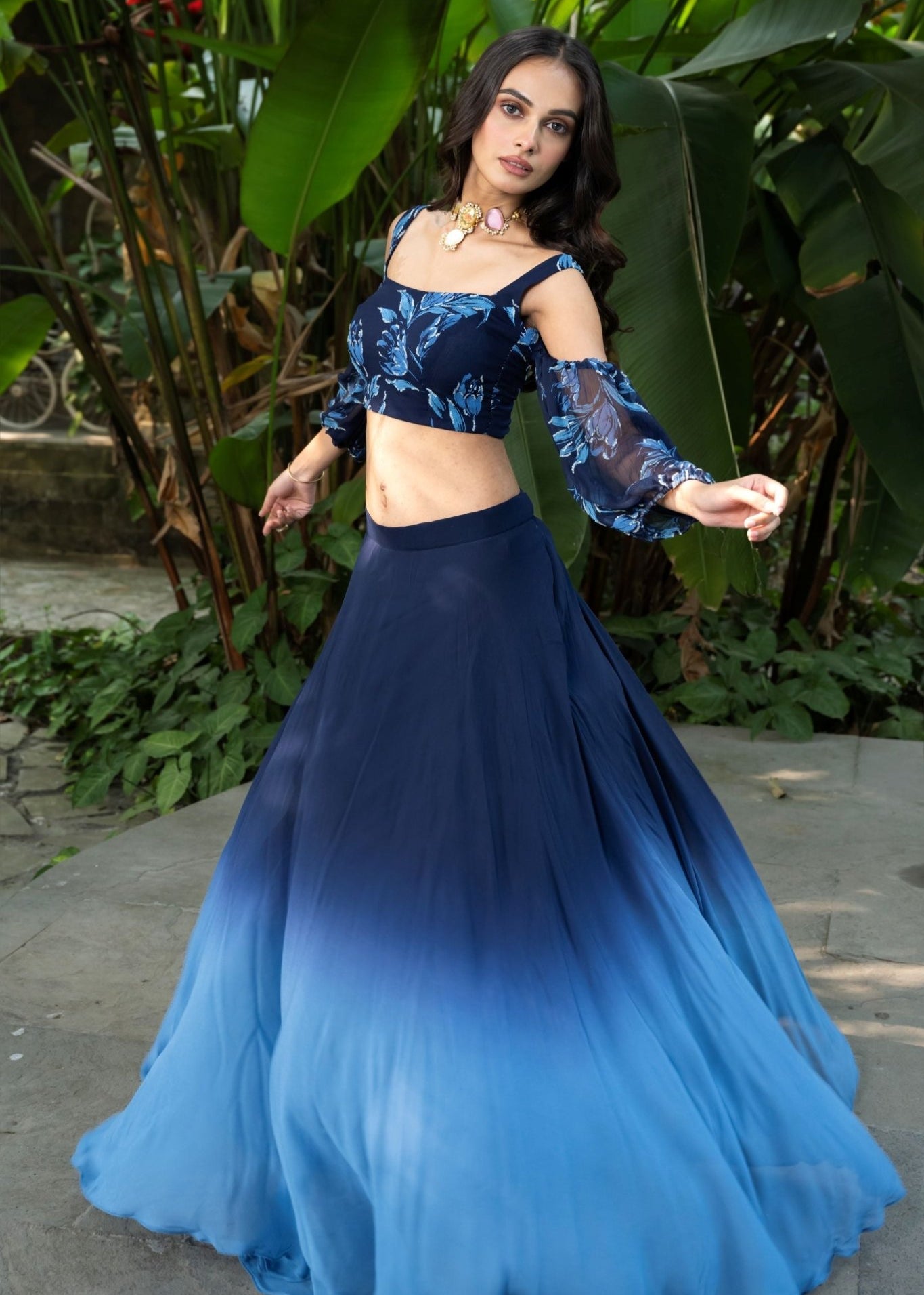 Coastal blue ombre lehenga — side view highlighting the blue-to-white shaded gradient on flared skirt
