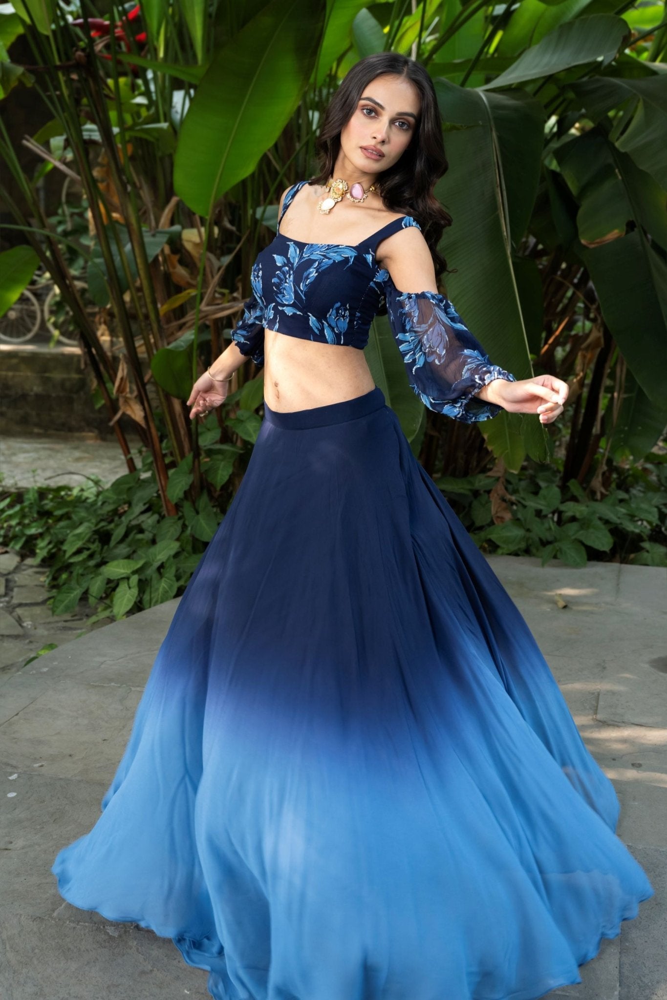 Coastal blue ombre lehenga — side view highlighting the blue-to-white shaded gradient on flared skirt