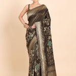 Coffee Brown Floral Woven Tissue Silk Saree - Anvi Couture