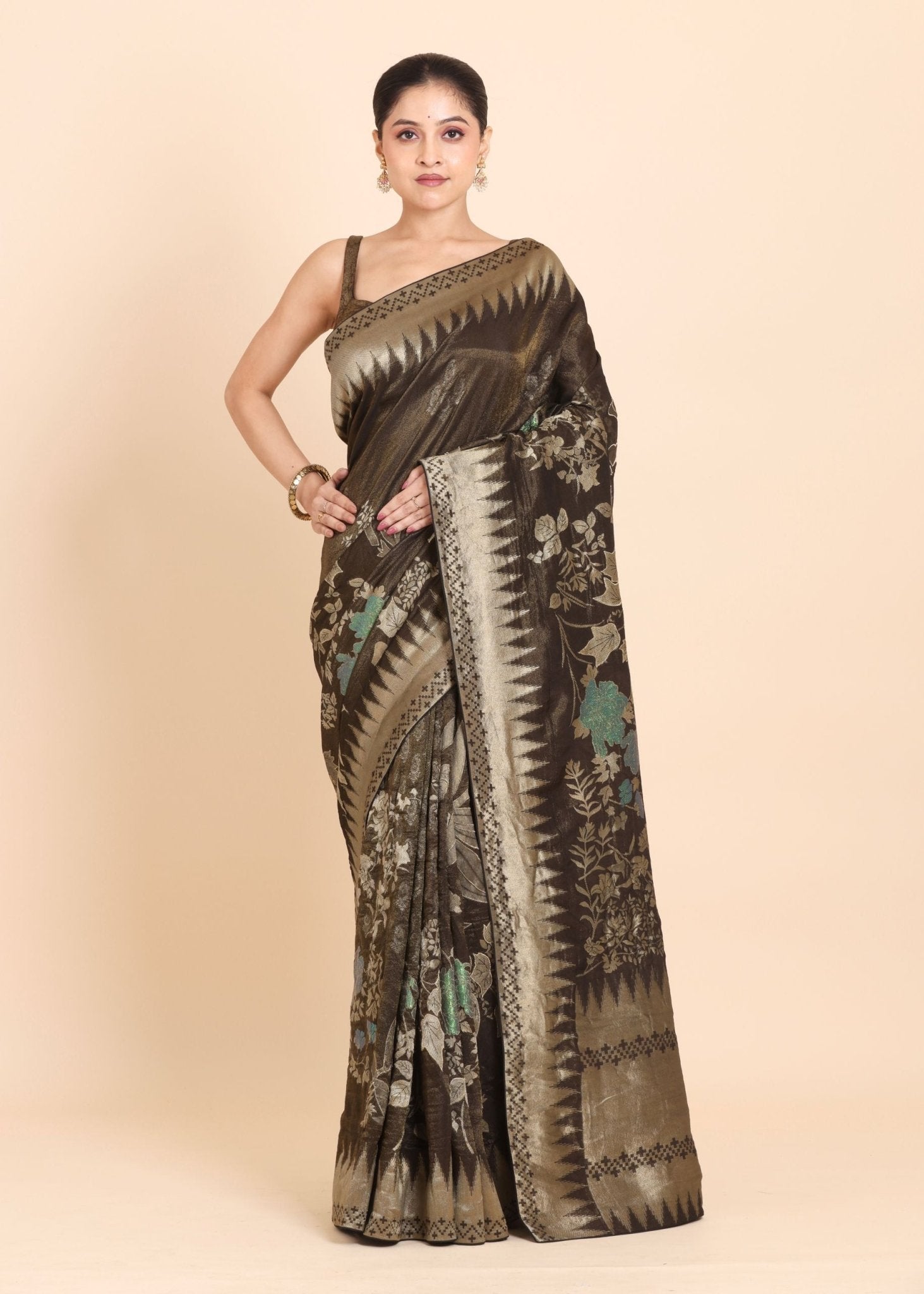 Coffee Brown Floral Woven Tissue Silk Saree - Anvi Couture