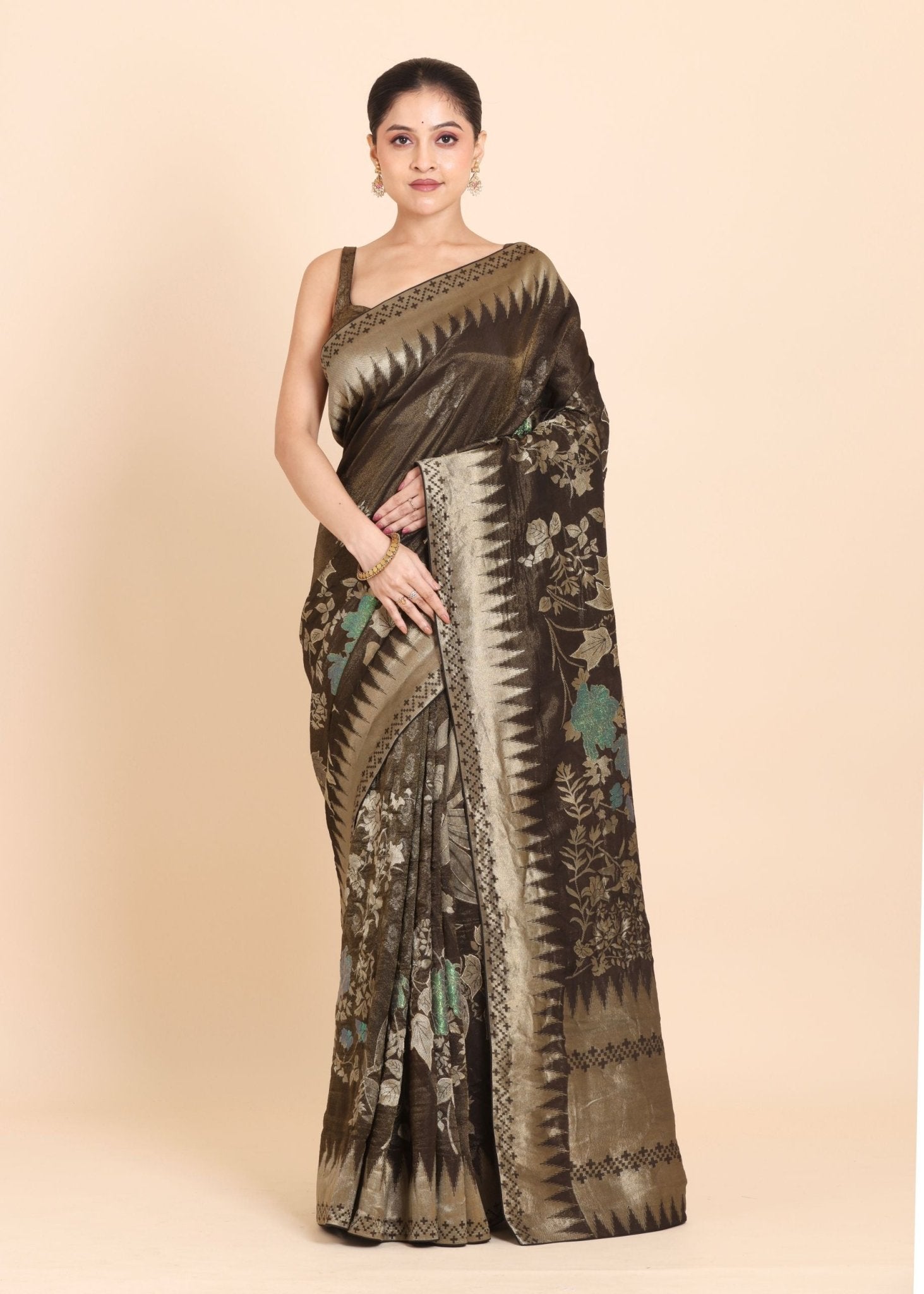 Coffee Brown Floral Woven Tissue Silk Saree - Anvi Couture