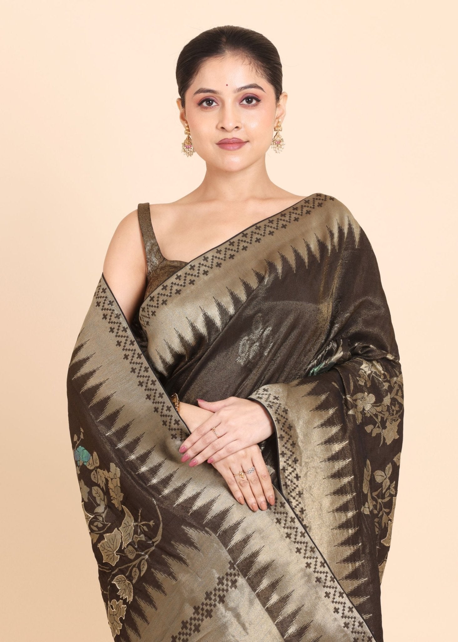 Coffee Brown Floral Woven Tissue Silk Saree - Anvi Couture