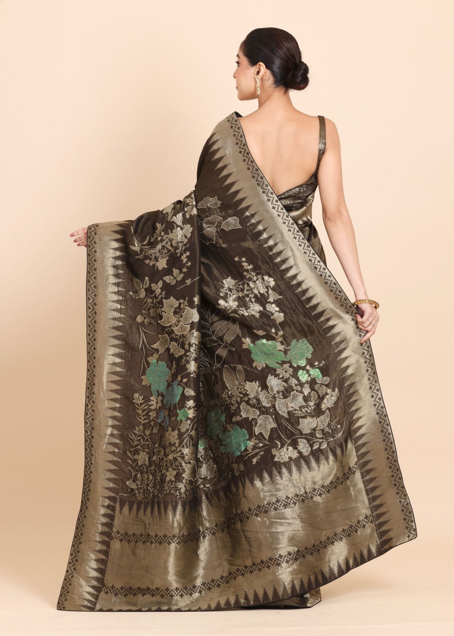 Coffee Brown Floral Woven Tissue Silk Saree - Anvi Couture