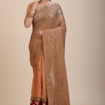 Coffee Brown Sequin Party Wear Saree With Maroon Border full