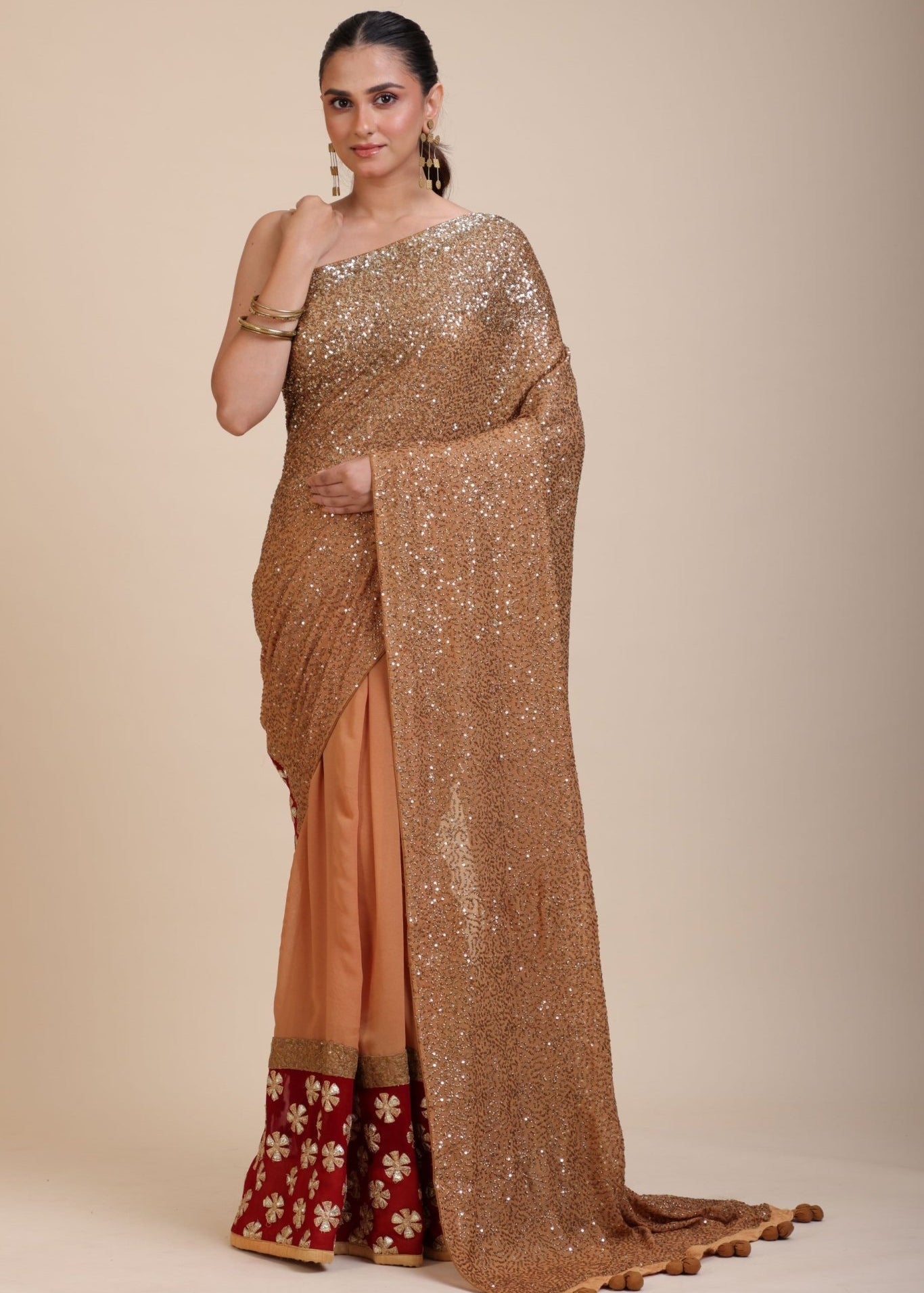 Coffee Brown Sequin Party Wear Saree With Maroon Border - Anvi Couture